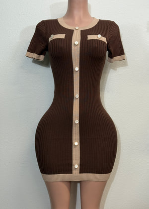 ALAYA BROWN BUTTON SHORT SLEEVE SWEATER MINI DRESS