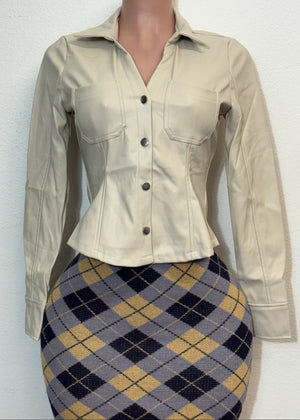 EVE IVORY FAUX LEATHER BUTTON DOWN LONG SLEEVE BLOUSE