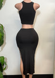 LYRIC BLACK RIBBED CROPPED TOP AND MAXI SIDE SLIT SKIRT