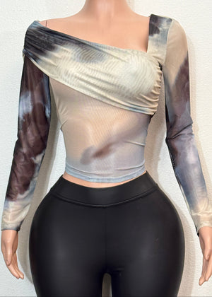 EMORY WHITE/BLACK TIE DYE LONG SLEEVE ASYMMETRIC NECKLINE BLOUSE