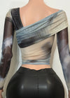 EMORY WHITE/BLACK TIE DYE LONG SLEEVE ASYMMETRIC NECKLINE BLOUSE