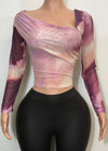 EMORY BURGUNDY/PINK TIE DYE LONG SLEEVE ASYMMETRIC NECKLINE BLOUSE
