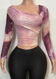 EMORY BURGUNDY/PINK TIE DYE LONG SLEEVE ASYMMETRIC NECKLINE BLOUSE