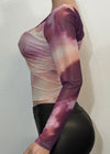 EMORY BURGUNDY/PINK TIE DYE LONG SLEEVE ASYMMETRIC NECKLINE BLOUSE