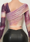EMORY BURGUNDY/PINK TIE DYE LONG SLEEVE ASYMMETRIC NECKLINE BLOUSE