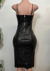 FINLEY BLACK STRAPPY FAUX LEATHER BODYCON MIDI DRESS