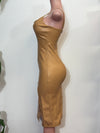 FINLEY KHAKI STRAPPY FAUX LEATHER BODYCON MIDI DRESS