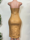 FINLEY KHAKI STRAPPY FAUX LEATHER BODYCON MIDI DRESS