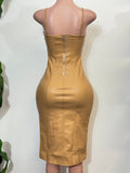 FINLEY KHAKI STRAPPY FAUX LEATHER BODYCON MIDI DRESS
