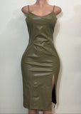 FINLEY OLIVE GREEN STRAPPY FAUX LEATHER BODYCON MIDI DRESS