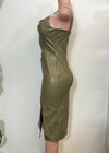 FINLEY OLIVE GREEN STRAPPY FAUX LEATHER BODYCON MIDI DRESS