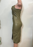 FINLEY OLIVE GREEN STRAPPY FAUX LEATHER BODYCON MIDI DRESS