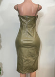 FINLEY OLIVE GREEN STRAPPY FAUX LEATHER BODYCON MIDI DRESS