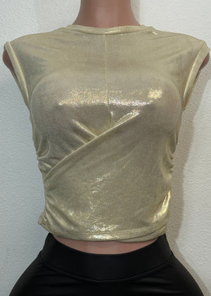 ROWYN SHINY GOLD SHORT SLEEVE ASYMMETRIC BLOUSE