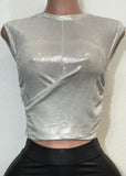 ROWYN SHINY SILVER SHORT SLEEVE ASYMMETRIC BLOUSE