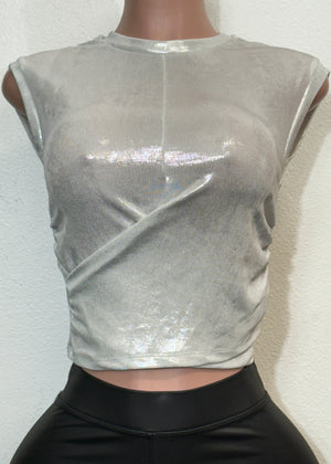 ROWYN SHINY SILVER SHORT SLEEVE ASYMMETRIC BLOUSE