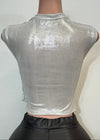 ROWYN SHINY SILVER SHORT SLEEVE ASYMMETRIC BLOUSE
