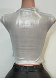 ROWYN SHINY SILVER SHORT SLEEVE ASYMMETRIC BLOUSE