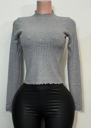 MALIA SILVER RHINESTONE LONG SLEEVE HIGH NECK SWEATER TOP