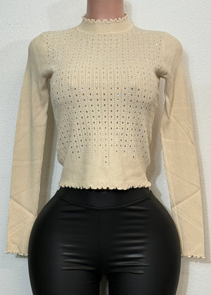 MALIA BEIGE RHINESTONE LONG SLEEVE HIGH NECK SWEATER TOP