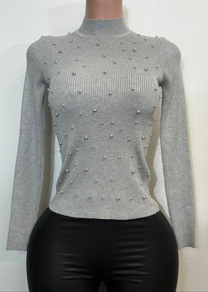 MALIA SILVER PEARLS PATTERN LONG SLEEVE HIGH NECK SWEATER TOP