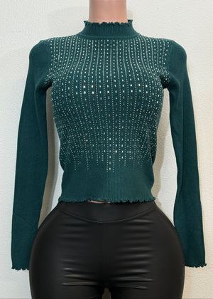 MALIA DARK GREEN RHINESTONE LONG SLEEVE HIGH NECK SWEATER TOP