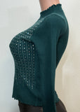 MALIA DARK GREEN RHINESTONE LONG SLEEVE HIGH NECK SWEATER TOP