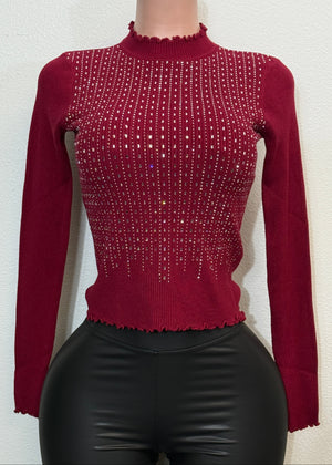MALIA BURGUNDY RHINESTONE LONG SLEEVE HIGH NECK SWEATER TOP