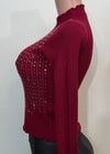 MALIA BURGUNDY RHINESTONE LONG SLEEVE HIGH NECK SWEATER TOP
