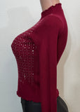 MALIA BURGUNDY RHINESTONE LONG SLEEVE HIGH NECK SWEATER TOP