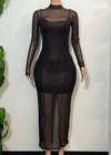 JOELLE BLACK STRETCH BODYCON MESH LONG SLEEVE MAXI DRESS