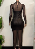 JOELLE BLACK STRETCH BODYCON MESH LONG SLEEVE MAXI DRESS