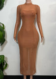 JOELLE BROWN STRETCH BODYCON MESH LONG SLEEVE MAXI DRESS