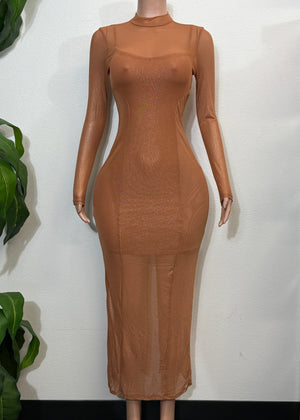 JOELLE BROWN STRETCH BODYCON MESH LONG SLEEVE MAXI DRESS