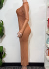 JOELLE BROWN STRETCH BODYCON MESH LONG SLEEVE MAXI DRESS