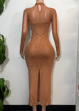 JOELLE BROWN STRETCH BODYCON MESH LONG SLEEVE MAXI DRESS