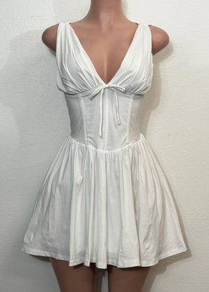 BROOKE WHITE V-NECK PLEATED MINI DRESS