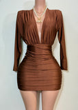 NORA BROWN LONG SLEEVE DEEP V-NECK MINI DRESS