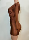 NORA BROWN LONG SLEEVE DEEP V-NECK MINI DRESS