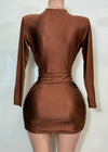 NORA BROWN LONG SLEEVE DEEP V-NECK MINI DRESS