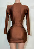 NORA BROWN LONG SLEEVE DEEP V-NECK MINI DRESS
