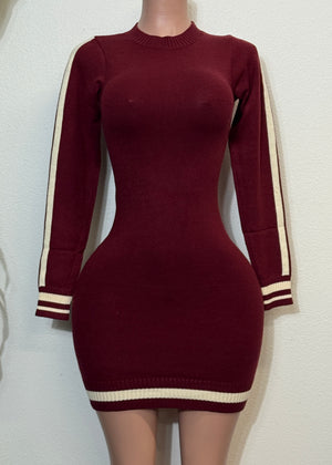 GENEVY BURGUNDY CONTRAST HEM RIB SWEATER DRESS