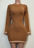 GENEVY CAMEL CONTRAST HEM RIB SWEATER DRESS