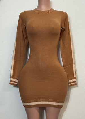 GENEVY CAMEL CONTRAST HEM RIB SWEATER DRESS