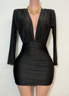 NORA BLACK LONG SLEEVE DEEP V-NECK MINI DRESS