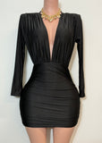 NORA BLACK LONG SLEEVE DEEP V-NECK MINI DRESS