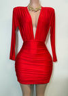 NORA RED LONG SLEEVE DEEP V-NECK MINI DRESS