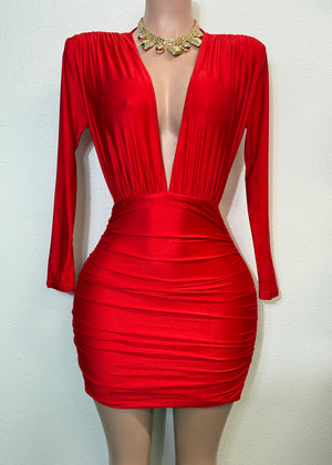 NORA RED LONG SLEEVE DEEP V-NECK MINI DRESS