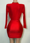 NORA RED LONG SLEEVE DEEP V-NECK MINI DRESS