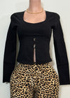 LETTIE BLACK LONG SLEEVE ROUND NECK CROPPED BLOUSE